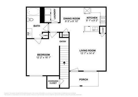 Floor plan for 1 bed, 1 bath, 908 sqft