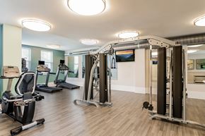 Fuquay-Varina apartment for rent - A gym with a variety of equipment including treadmills, stationary bikes, and weight machines.