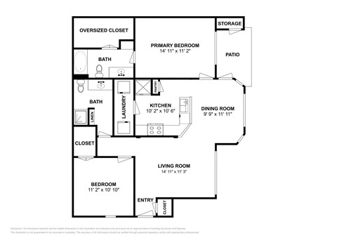 Floor plan for 2 beds, 2 baths, 1101 sqft