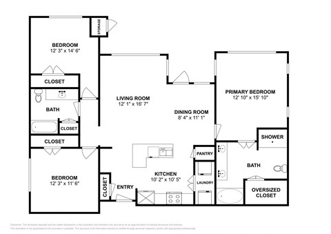 Floor plan for 3 beds, 2 baths, 1409 sqft