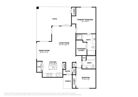 Floor plan for 2 beds, 2 baths, 1237 sqft