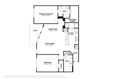 Floor plan for 2 beds, 2 baths, 1164 sqft