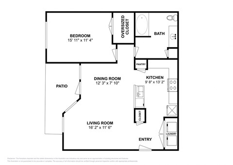 Floor plan for 1 bed, 1 bath, 843 sqft
