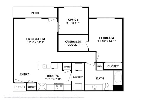 Floor plan for 1 bed, 1 bath, 892 sqft