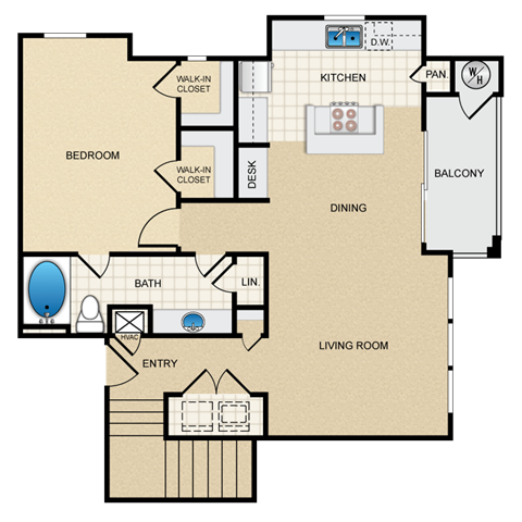Floor plan for 1 bed, 1 bath, 995 sqft