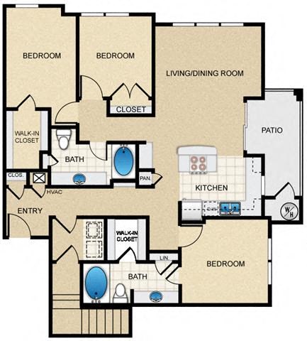 Floor plan for 3 beds, 2 baths, 1457 sqft