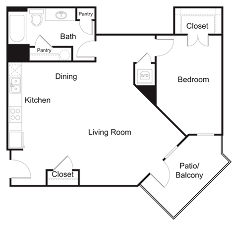 Floor plan for 1 bed, 1 bath, 901 sqft