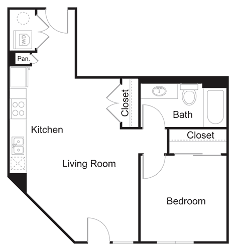 Floor plan for 1 bed, 1 bath, 657 sqft