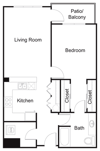 Floor plan for 1 bed, 1 bath, 818 sqft
