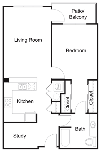 Floor plan for 1 bed, 1 bath, 826 sqft