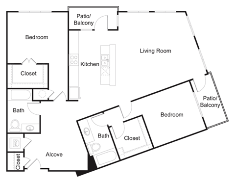 Floor plan for 2 beds, 2 baths, 1414 sqft