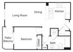 Floor plan for 1 bed, 1 bath, 644 sqft