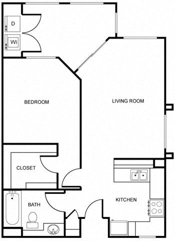 Floor plan for 1 bed, 1 bath, 637 sqft