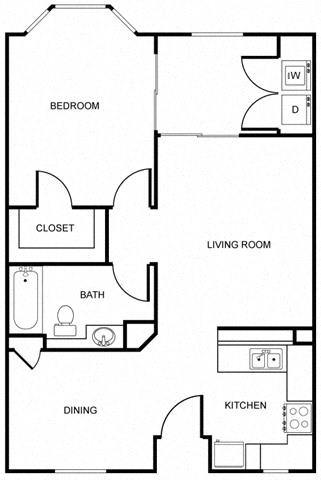 Floor plan for 1 bed, 1 bath, 730 sqft
