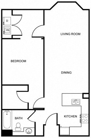 Floor plan for 1 bed, 1 bath, 734 sqft