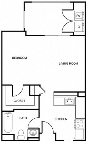 Floor plan for studio, 1 bath, 491 sqft