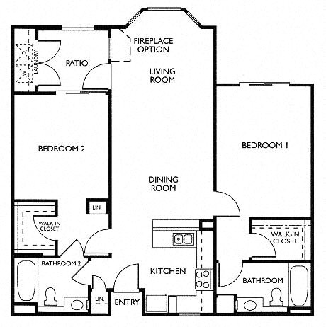 Floor plan for 2 beds, 2 baths, 1003 sqft
