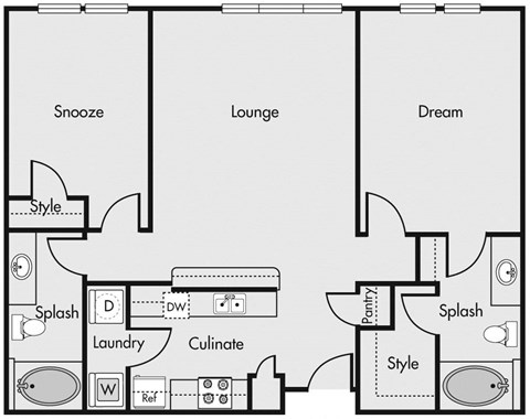 Floor plan for 2 beds, 2 baths, 1379 sqft