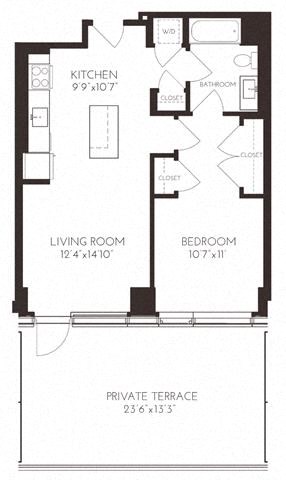 Floor plan for 1 bed, 1 bath, 697 sqft