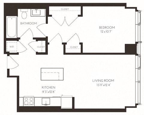 Floor plan for 1 bed, 1 bath, 722 sqft
