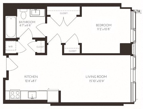 Floor plan for 1 bed, 1 bath, 670 sqft