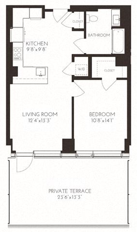 Floor plan for 1 bed, 1 bath, 716 sqft