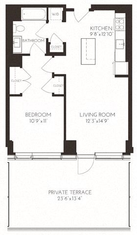 Floor plan for 1 bed, 1 bath, 716 sqft