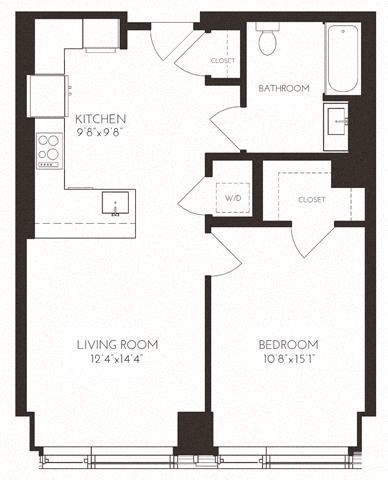 Floor plan for 1 bed, 1 bath, 740 sqft