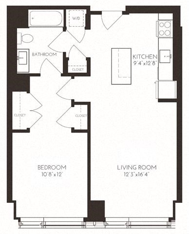 Floor plan for 1 bed, 1 bath, 740 sqft