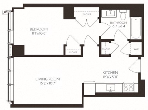 Floor plan for 1 bed, 1 bath, 644 sqft