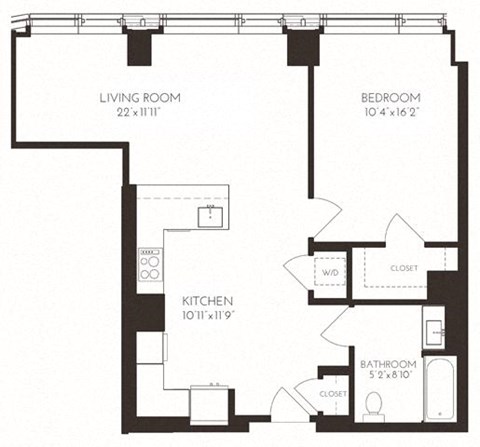 Floor plan for 1 bed, 1 bath, 890 sqft