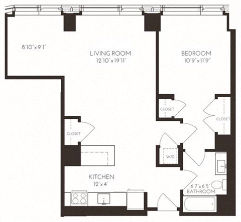 Floor plan for 1 bed, 1 bath, 890 sqft