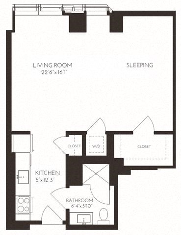 Floor plan for 1 bed, 1 bath, 640 sqft