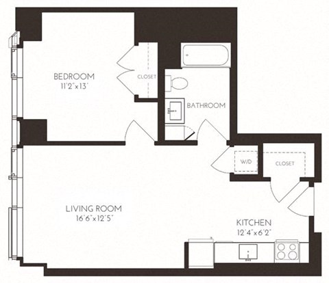 Floor plan for 1 bed, 1 bath, 661 sqft