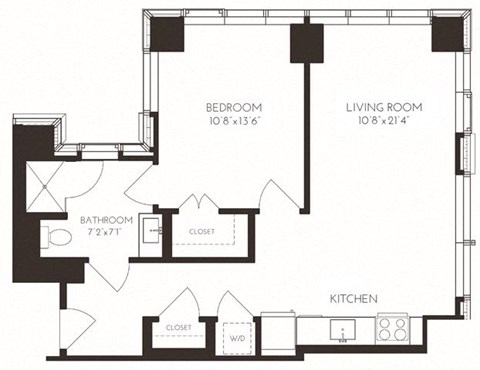 Floor plan for 1 bed, 1 bath, 750 sqft