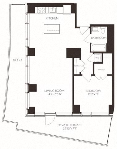 Floor plan for 1 bed, 1 bath, 958 sqft