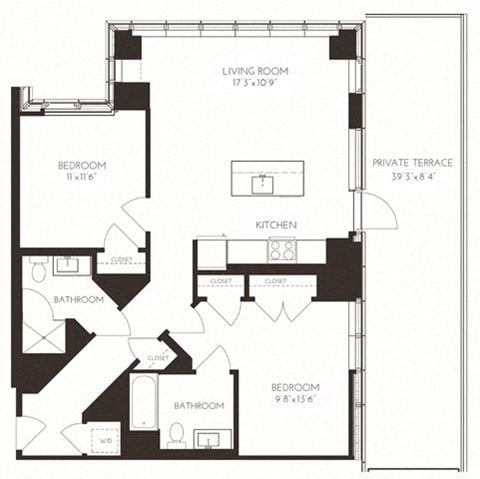 Floor plan for 2 beds, 2 baths, 1109 sqft
