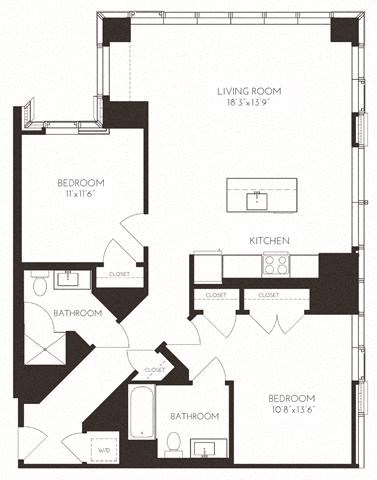 Floor plan for 2 beds, 2 baths, 1234 sqft
