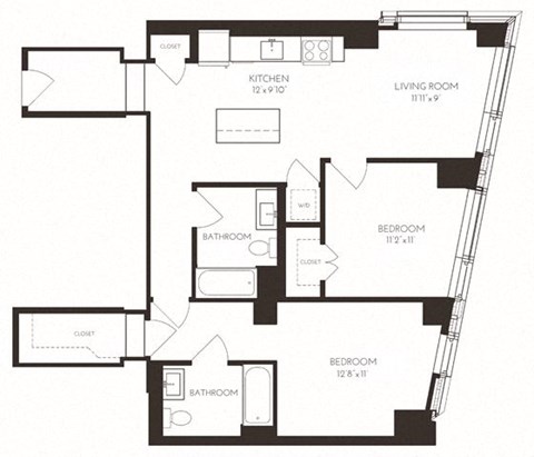 Floor plan for 2 beds, 2 baths, 1100 sqft
