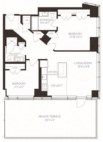 Floor plan for 2 beds, 2 baths, 1092 sqft