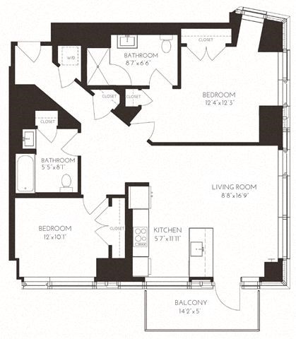 Floor plan for 2 beds, 2 baths, 1157 sqft