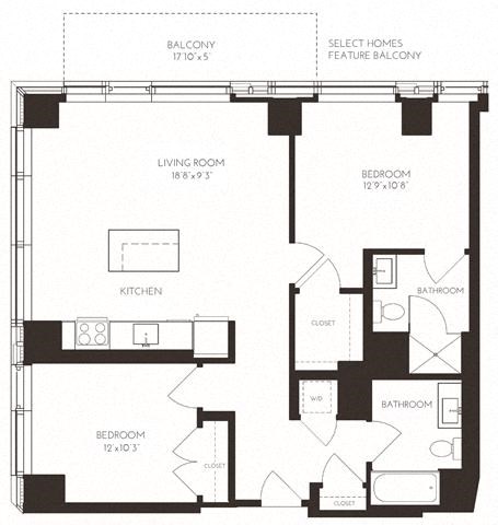 Floor plan for 2 beds, 2 baths, 1032 sqft