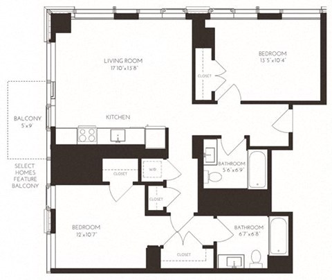 Floor plan for 2 beds, 2 baths, 1057 sqft