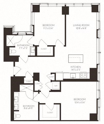 Floor plan for 2 beds, 2 baths, 1225 sqft