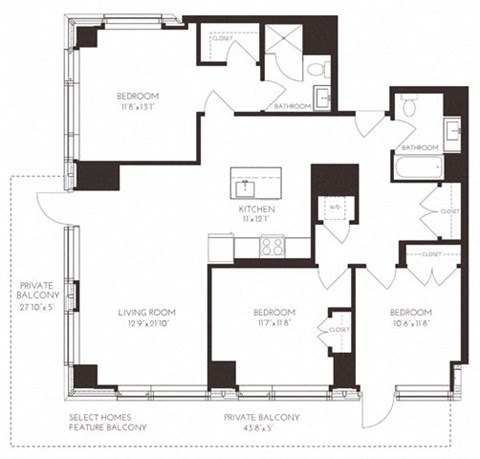 Floor plan for 3 beds, 2 baths, 1377 sqft