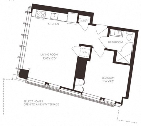 Floor plan for 1 bed, 1 bath, 568 sqft