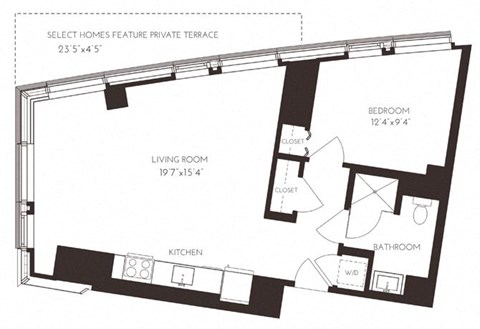 Floor plan for 1 bed, 1 bath, 685 sqft