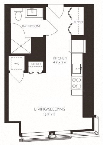 Floor plan for studio, 1 bath, 393 sqft