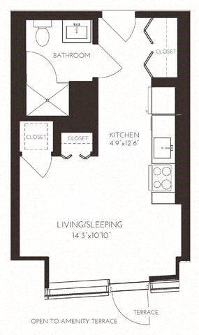 Floor plan for studio, 1 bath, 369 sqft