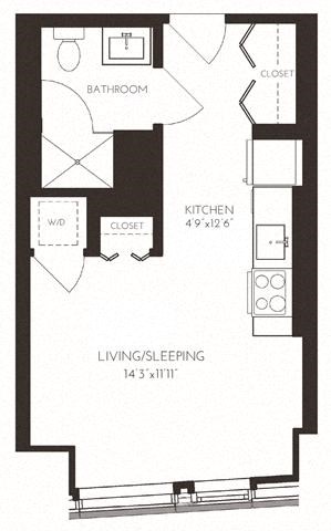 Floor plan for studio, 1 bath, 384 sqft